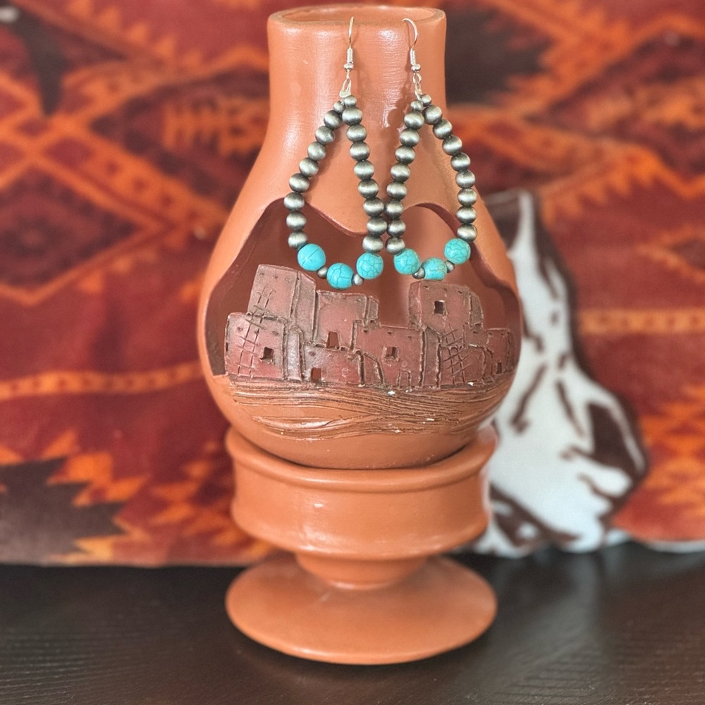 Elegant Silver Navajo Pearl and Turquoise Hand Beaded Earrings